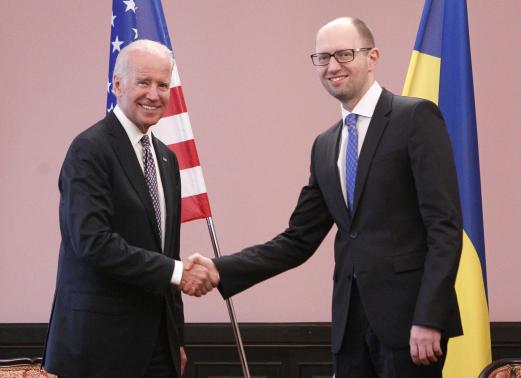 U.S. Vice President Joe Biden (L) shakes hands with Ukraine's Prime Mi