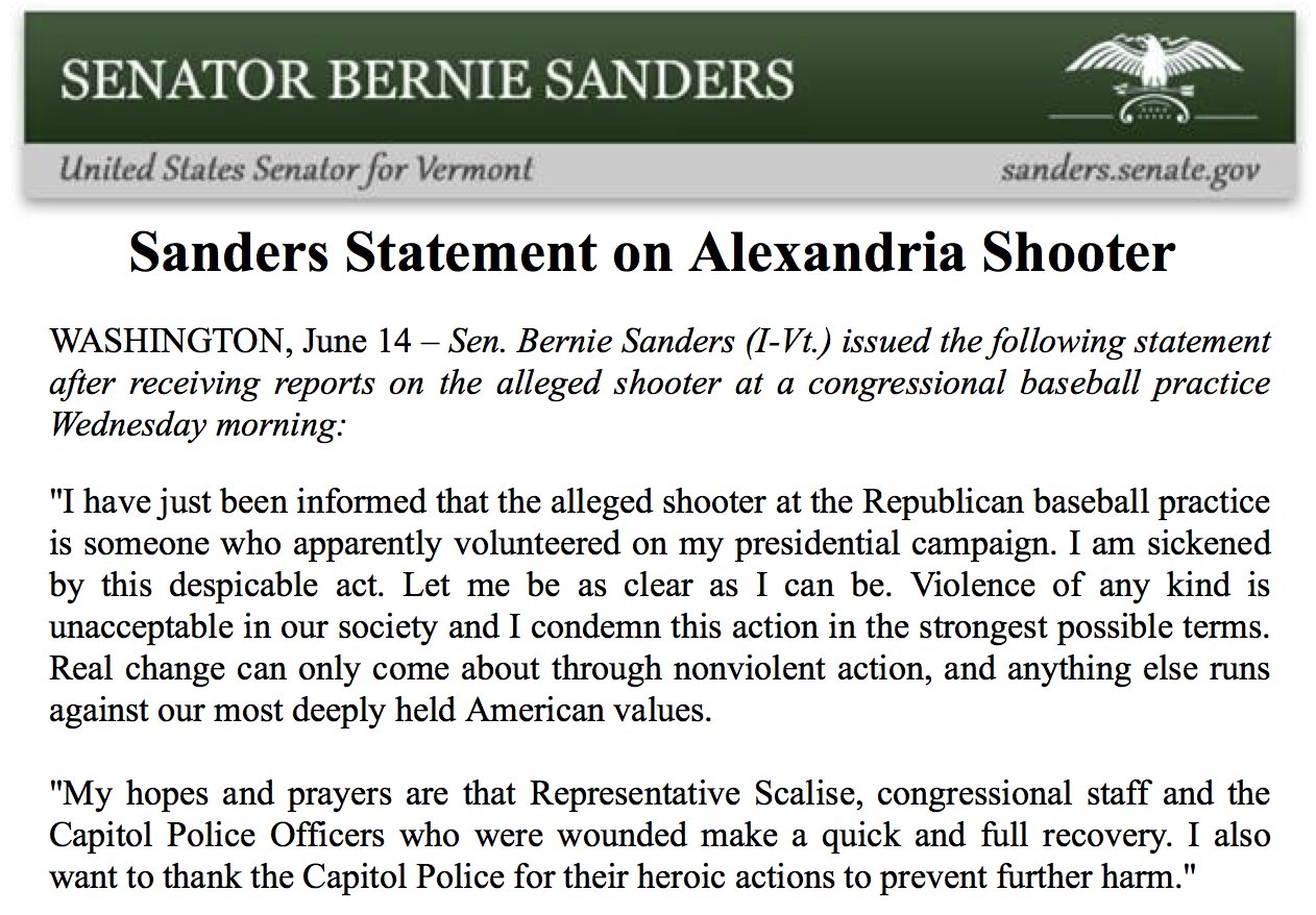 Bernie sanders statement, shooting