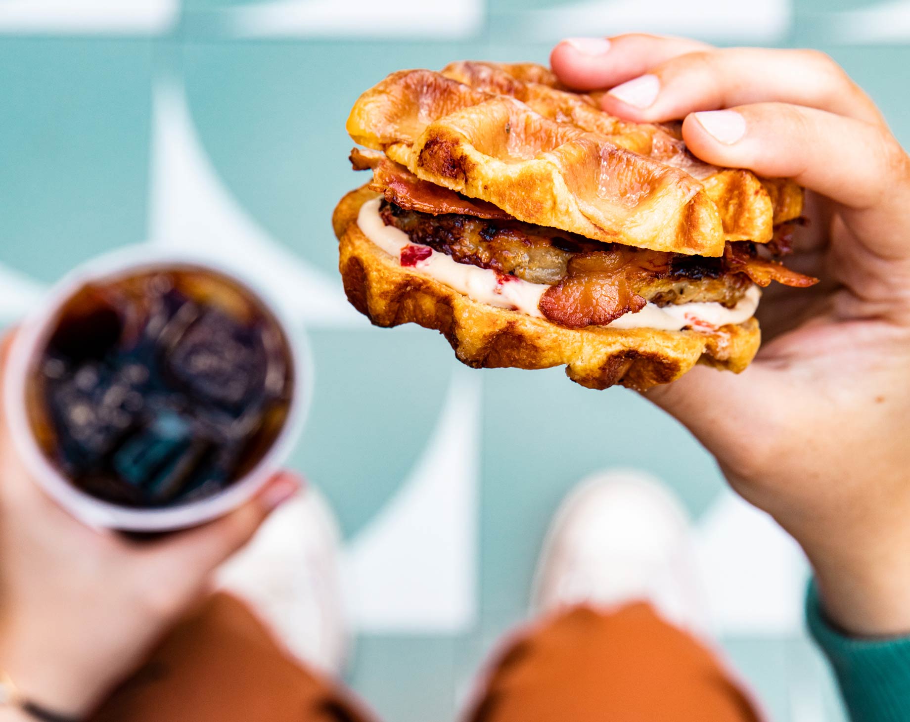 Chicken & Waffles Sandwich, peet's coffee