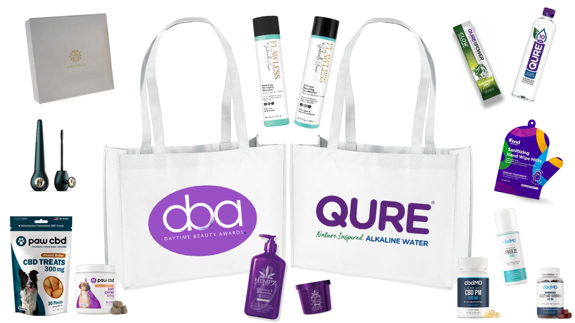 daytime beauty awards gift bag, fend wellness hand mitt, amouage, flawless, cbdmd, qure water