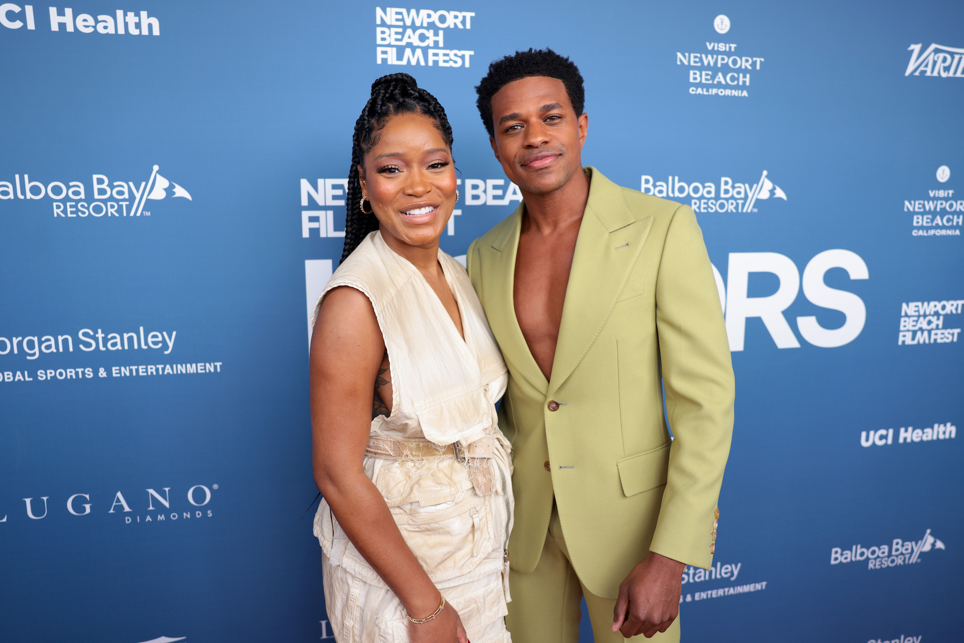 NEWPORT BEACH, CALIFORNIA - OCTOBER 16: (L-R) Artist of Distinction award honoree Keke Palmer and Jeremy Pope attend the 2022 Newport Beach Film Festival Honors at The Balboa Bay Club and Resort on October 16, 2022 in Newport Beach, California. (Photo by Tiffany Rose/Getty Images for Newport Beach Film Festival)