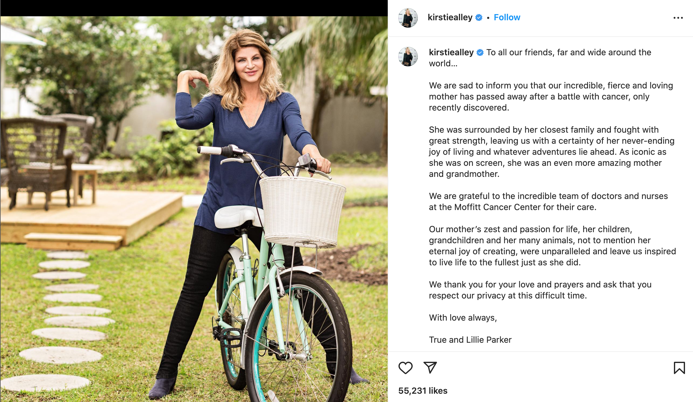 kirstie alley, cancer, death