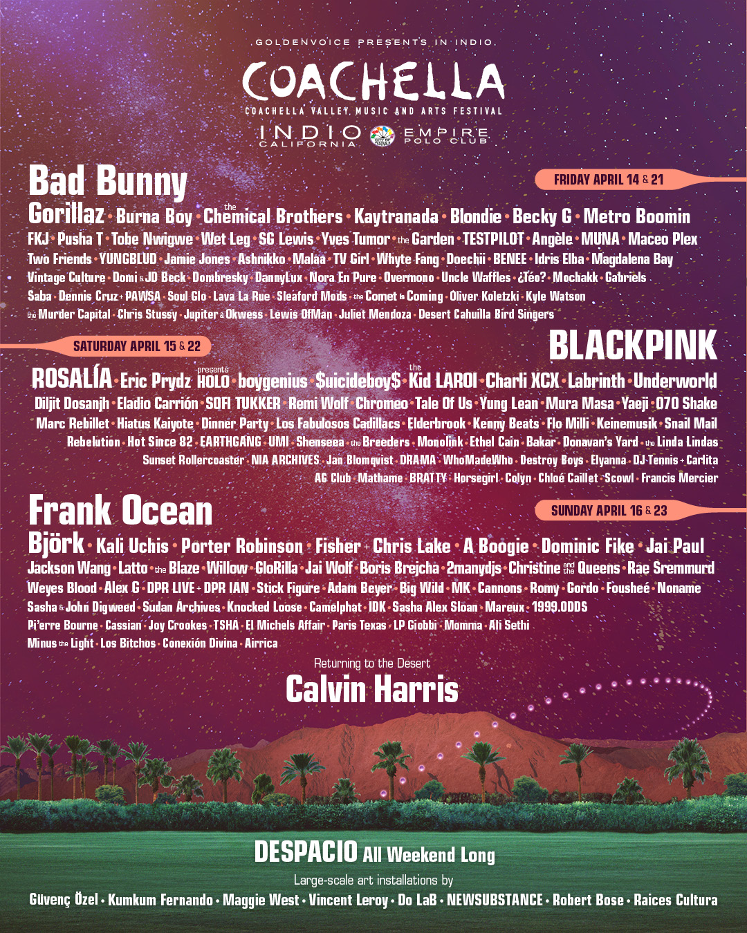 Coachella, lineup 2023, bad bunny, black pink, frank ocean