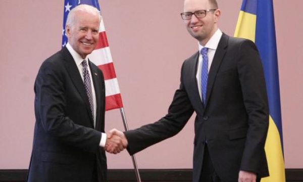 U.S. Vice President Biden shakes hands with Ukraine's PM Yatseniuk during a meeting in Kiev