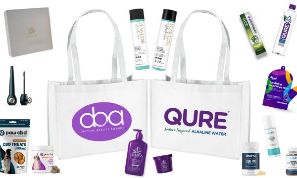 daytime beauty awards gift bag, fend wellness hand mitt, amouage, flawless, cbdmd, qure water