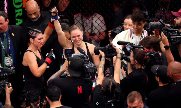 INGLEWOOD, CALIFORNIA - MAY 16: Ronda Rousey celebrates after defeating Gina Carano by submission in their featherweight bout during the main card of Netflix's Ronda Rousey vs. Gina Carano at Intuit Dome on May 16, 2026 in Inglewood, California. (Photo by Harry How/Getty Images for Netflix)