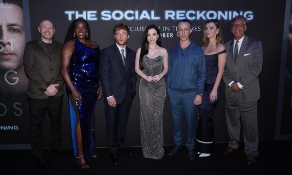 NEW YORK, NEW YORK - OCTOBER 04: (L-R) Bill Burr, Wunmi Mosaku, Jeremy Allen White, Mikey Madison, Jeremy Strong, Betty Gilpin and Aaron Sorkin attend the Social Reckoning world premiere at Regal Union Square on October 04, 2026 in New York City.  (Photo by Sean Zanni/Getty Images for Sony Pictures Entertainment)