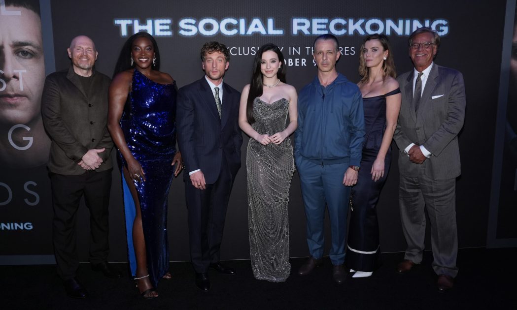 NEW YORK, NEW YORK - OCTOBER 04: (L-R) Bill Burr, Wunmi Mosaku, Jeremy Allen White, Mikey Madison, Jeremy Strong, Betty Gilpin and Aaron Sorkin attend the Social Reckoning world premiere at Regal Union Square on October 04, 2026 in New York City.  (Photo by Sean Zanni/Getty Images for Sony Pictures Entertainment)