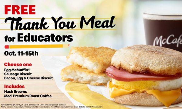 McDonalds USA Free Thank You Meal for Educators
